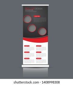 Roll up stand design. Vertical banner template. Vector illustration. Red and black color.