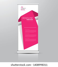 Roll up stand design. Vertical banner template. Vector illustration. Pink color.