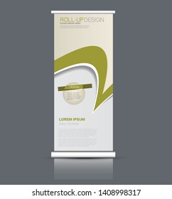 Roll up stand design. Vertical banner template. Vector illustration. Green color.