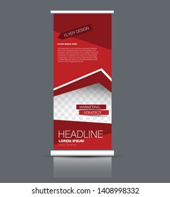 Roll up stand design. Vertical banner template. Vector illustration. Red color.