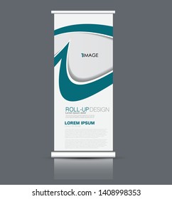 Roll up stand design. Vertical banner template. Vector illustration. Blue color.