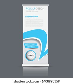 Roll up stand design. Vertical banner template. Vector illustration. Blue color.