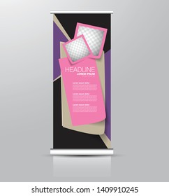 Roll up stand design. Vertical banner template. Vector illustration. Pink and purple color.