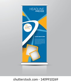 Roll up stand design. Vertical banner template. Vector illustration. Orange and blue color.