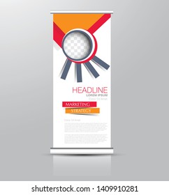 Roll up stand design. Vertical banner template. Vector illustration. Red and orange color.