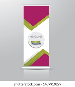 Roll up stand design. Vertical banner template. Vector illustration. Green and pink color.