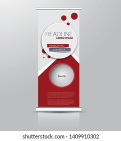 Roll Up Stand Design. Vertical Banner Template. Vector Illustration. Red Color.