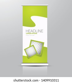 Roll up stand design. Vertical banner template. Vector illustration. Green color.