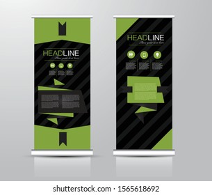 Roll up stand design. Vertical banner template for education, business, presentation, advertisement. Vector illustration. Black and green color.