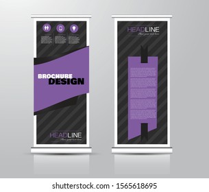 Roll up stand design. Vertical banner template for education, business, presentation, advertisement. Vector illustration. Black and purple color.