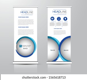 Roll up stand design. Vertical banner template for education, business, presentation, advertisement. Vector illustration. Blue color.