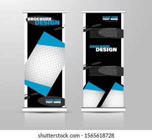 Roll up stand design. Vertical banner template for education, business, presentation, advertisement. Vector illustration. Black and blue color.
