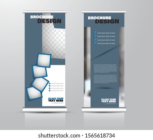 Roll up stand design. Vertical banner template for education, business, presentation, advertisement. Vector illustration. Grey and blue color.