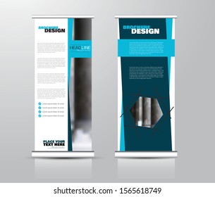 Roll up stand design. Vertical banner template for education, business, presentation, advertisement. Vector illustration. Blue color.