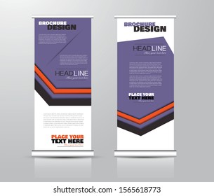 Roll up stand design. Vertical banner template for education, business, presentation, advertisement. Vector illustration. Purple and orange color.