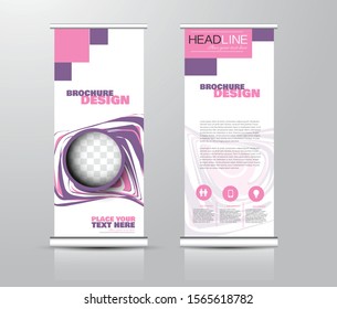 Roll up stand design. Vertical banner template for education, business, presentation, advertisement. Vector illustration. Pink and purple color.