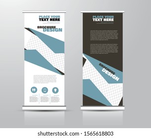 Roll up stand design. Vertical banner template for education, business, presentation, advertisement. Vector illustration. Blue and brown color.