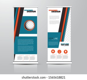 Roll up stand design. Vertical banner template for education, business, presentation, advertisement. Vector illustration. Blue and orange color.