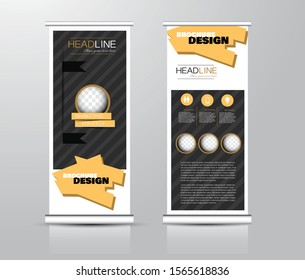 Roll up stand design. Vertical banner template for education, business, presentation, advertisement. Vector illustration. Black and yellow color.