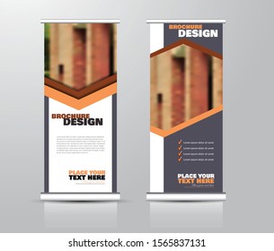 Roll up stand design. Vertical banner template for education, business, presentation, advertisement. Vector illustration. Brown and orange color.