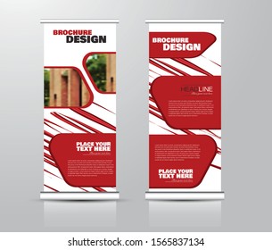 Roll up stand design. Vertical banner template for education, business, presentation, advertisement. Vector illustration. Red color.