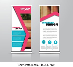 Roll up stand design. Vertical banner template for education, business, presentation, advertisement. Vector illustration. Pink and blue color.