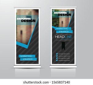 Roll up stand design. Vertical banner template for education, business, presentation, advertisement. Vector illustration. Black and blue color.