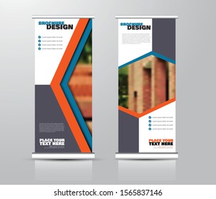 Roll up stand design. Vertical banner template for education, business, presentation, advertisement. Vector illustration. Blue and orange color.