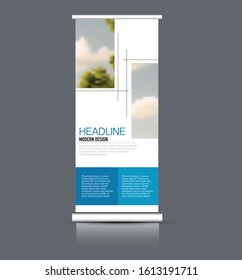 Roll up stand design. Vertical banner template. Vector illustration. Blue color.