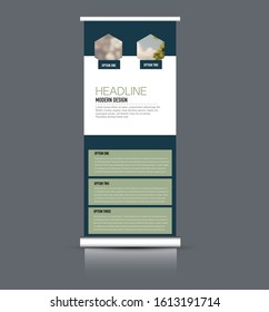 Roll up stand design. Vertical banner template. Vector illustration. Blue and green color.