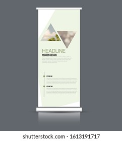 Roll up stand design. Vertical banner template. Vector illustration. Green color.