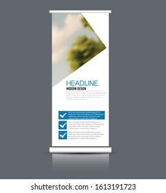 Roll up stand design. Vertical banner template. Vector illustration. Blue color.
