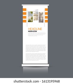 Roll up stand design. Vertical banner template. Vector illustration. Orange color.