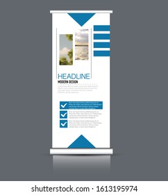 Roll up stand design. Vertical banner template. Vector illustration. Blue color.