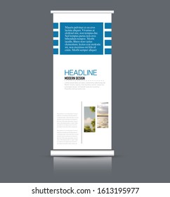 Roll up stand design. Vertical banner template. Vector illustration. Blue color.