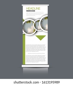 Roll up stand design. Vertical banner template. Vector illustration. Green color.