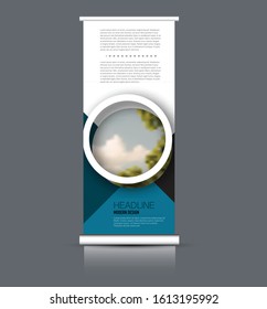 Roll up stand design. Vertical banner template. Vector illustration. Blue color.