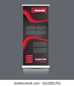 Roll up stand design. Vertical banner template. Vector illustration. Red and black color.