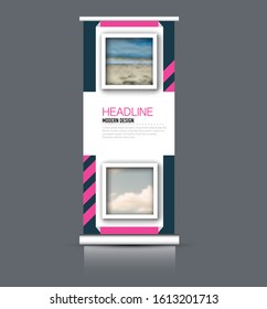 Roll up stand design. Vertical banner template. Vector illustration. Blue and pink color.