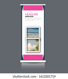 Roll up stand design. Vertical banner template. Vector illustration. Blue and pink color.