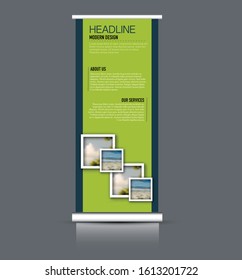 Roll up stand design. Vertical banner template. Vector illustration. Blue and green color.