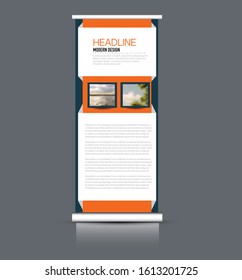Roll up stand design. Vertical banner template. Vector illustration. Blue and orange color.
