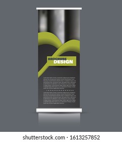 Roll up stand design. Vertical banner template. Vector illustration. Green and black color.