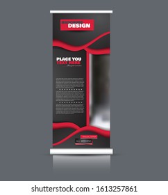 Roll up stand design. Vertical banner template. Vector illustration. Red and black color.