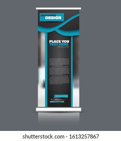 Roll up stand design. Vertical banner template. Vector illustration. Blue and black color.