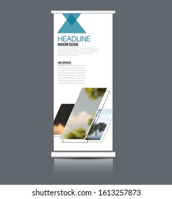 Roll up stand design. Vertical banner template. Vector illustration. Blue color.