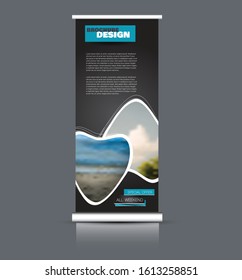 Roll up stand design. Vertical banner template. Vector illustration. Blue and black color.