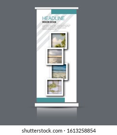 Roll up stand design. Vertical banner template. Vector illustration. Blue color.