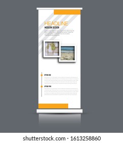 Roll up stand design. Vertical banner template. Vector illustration. Orange color.