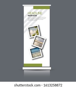 Roll up stand design. Vertical banner template. Vector illustration. Green color.